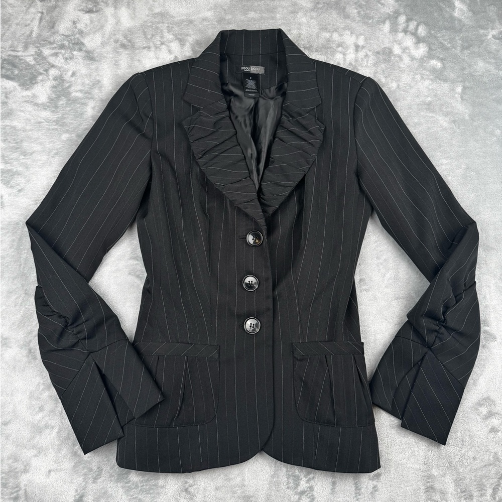 Bisou Bisou Pin Striped Blazer Sz 2 Rouched Sleeve Collar Black Academia Preppy